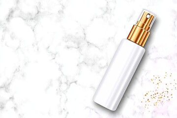 White spray bottle on marble, gold accents