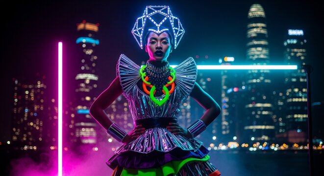 Woman in futuristic attire with neon accents stands confidently against a cityscape at night, illuminated by vibrant lights and a geometric headpiece, AI Generated. - Powered by Adobe
