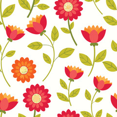 Retro Floral Pattern with Red Flowers and Green Leaves A Whimsical and Colorful Design Ideal for Various Creative Projects