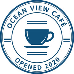 Ocean view cafe opened 2020 coffee cup emblem coastal restaurant branding vector