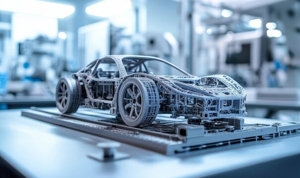 Rapid Prototyping concept, illustrating the accelerated process of creating scale models or assemblies using 3D printing and CAD designs. This emphasizes the efficiency of modern, Generative AI