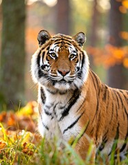 Obraz premium Majestic tiger in autumnal forest, gazing directly at viewer