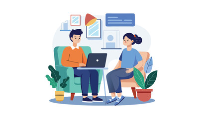 Two people in a modern office discussing work on a laptop