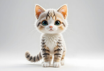 Obraz premium A charming 3D rendering of a full-body striped kitten plushie, showcasing its incredibly realistic and fluffy texture against a clean white background.
