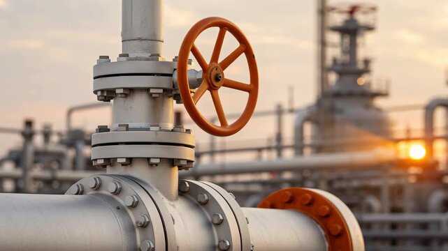 Oil pipeline valve in industrial refinery showing economic impact on energy infrastructure and production during sunset