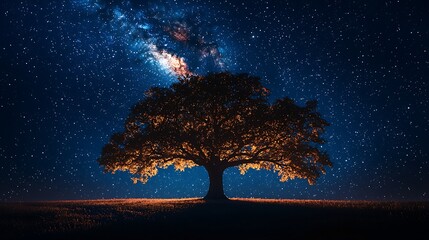A lone ancient oak tree in an open field under a starry night sky .
