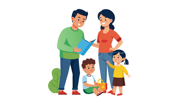 Happy family reading a book together outdoors on a sunny day