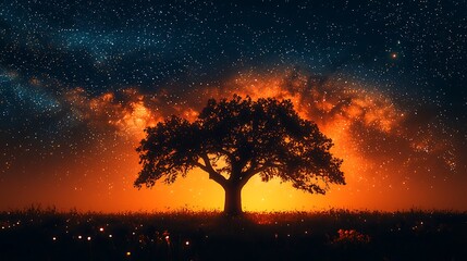 A lone ancient oak tree in an open field under a starry night sky, the Milky Way galaxy sprawling across the heavens, deep contrast between dark silhouettes
