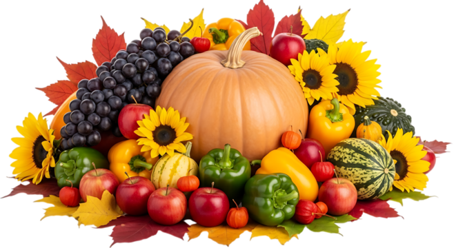 Abundant autumn harvest display featuring pumpkins sunflowers grapes and peppers isolated on transparent background