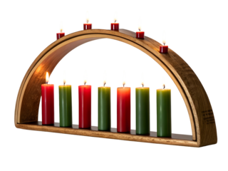 Seven Red and Green Kwanzaa Candles Burning Brightly on a Curved Wooden Candle Holder Against a Black Background Soft Glowing Reflections Visible