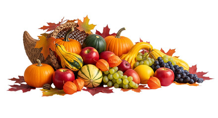 Abundant autumn harvest cornucopia filled with seasonal fruits and vegetables isolated on transparent background