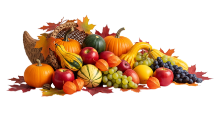 Abundant autumn harvest cornucopia filled with seasonal fruits and vegetables isolated on transparent background