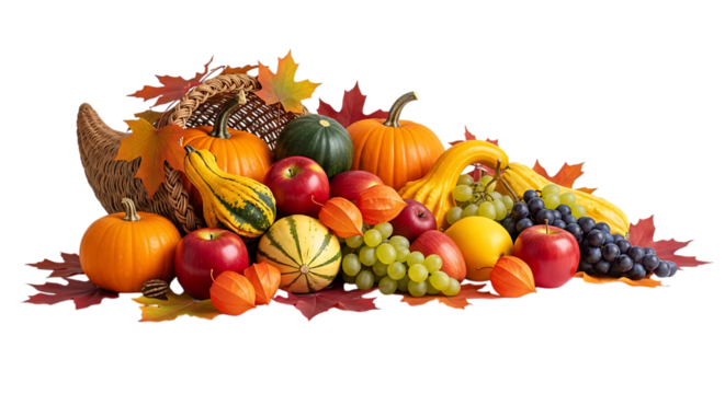 Abundant autumn harvest cornucopia filled with seasonal fruits and vegetables isolated on transparent background