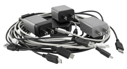 Isolated Mess of USB Chargers and Cables