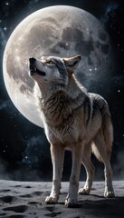 Fototapeta premium A wolf with a body transparent composed of glittering stars, its fur a swirling vortex of celestial light, runs freely on the lunar surface amidst a starry expanse, its paws barely touching the dusty 