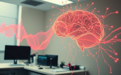 Digital brain illustration with wave patterns in modern office  