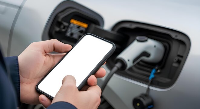 Person using a smartphone to manage electric vehicle charging process at a charging station. - Powered by Adobe
