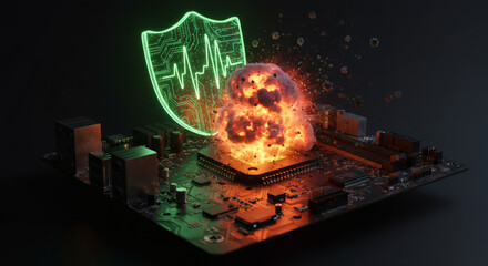 A conceptual 3D illustration showing a glowing green health shield protecting an exploding CPU on a motherboard, symbolizing cybersecurity and system failure prevention