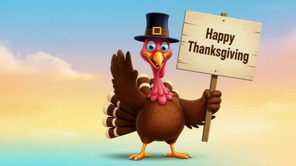 Illustration of a cute cartoon turkey in a pilgrim hat holding a wooden sign with a happy thanksgiving message, a cheerful character for holiday greetings and festive advertising