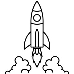 Minimalist line art startup rocket launching into space