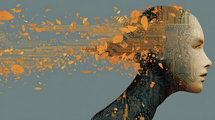 AI mind dissolving into golden leaves