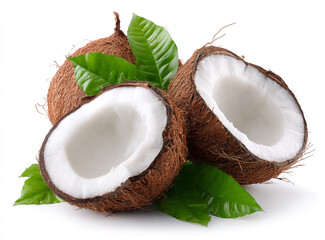 Two fresh coconuts one split in half revealing white flesh with green leaves isolated on white background