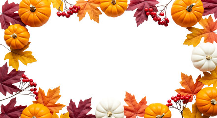 Autumn harvest frame of pumpkins leaves and berries isolated on transparent background