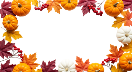 Autumn harvest frame of pumpkins leaves and berries isolated on transparent background