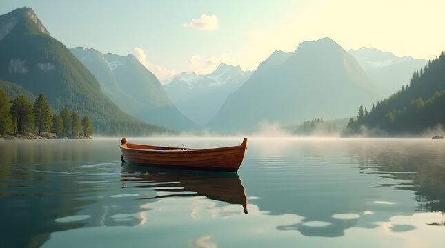 Wooden rowboat floating on a misty lake in the mountains at sunrise