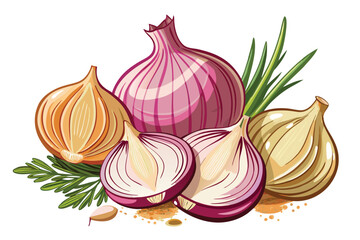 Colorful and Fresh Garlic Illustration with Vibrant Greens and Two Whole Bulbs of Garlic, Along with Several Cut and Loose Cloves