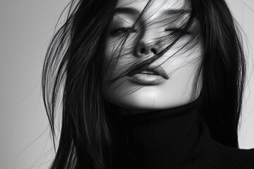 Bold fashion statement captured in black and white with flowing hair © Oleksandr