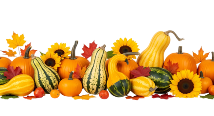 Autumn harvest of colorful gourds pumpkins and sunflowers isolated on transparent background