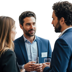 Three professionals in business attire engaged in conversation at a networking event isolated on transparent background