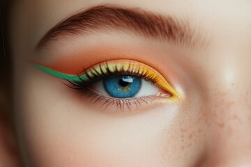 Obraz premium Colorful neon eyeshadow trends featuring vibrant orange and green eyeliner in makeup artistry