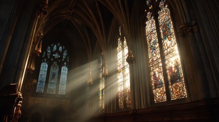 Sunlight Streams Through Stained Glass Windows in Historic Gothic Cathedral Interior with Intricate Details and Stunning Colors
