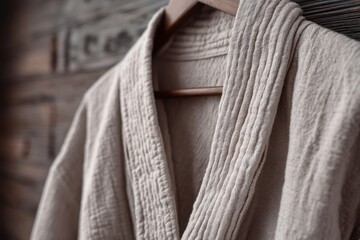 Soft and Textured Beige Bathrobe Hanging on Wooden Hanger Against Rustic Background in Cozy Spa-Like Setting