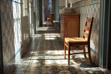 Sunlit Corridor with Wooden Chair and Vintage Tile Floor in Abandoned Building Interior
