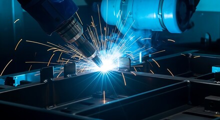 Industrial robot arm performs precise welding, illuminating the work area with vibrant sparks.