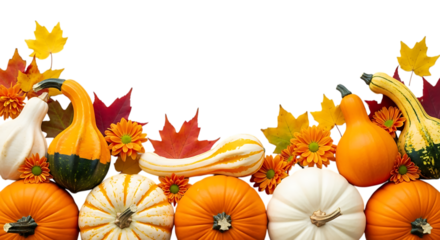Harvest season assortment of gourds and pumpkins isolated on transparent background