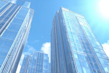 Fototapeta premium Low-angle view of modern skyscrapers against a clear sky