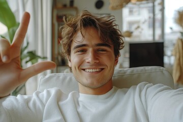 Successful young businessman talking with friends on a video call, smiling and waving at the smartphone camera, engaged in a professional or casual conversation at work or on a break, Generative AI