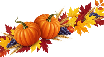 Two vibrant orange pumpkins adorned with autumn leaves and grapes isolated on transparent background