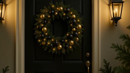 Happy welcome christmas home wreath door glow, warm light evergreen gold black ornament, cozy night scene with festive charm - Powered by Adobe