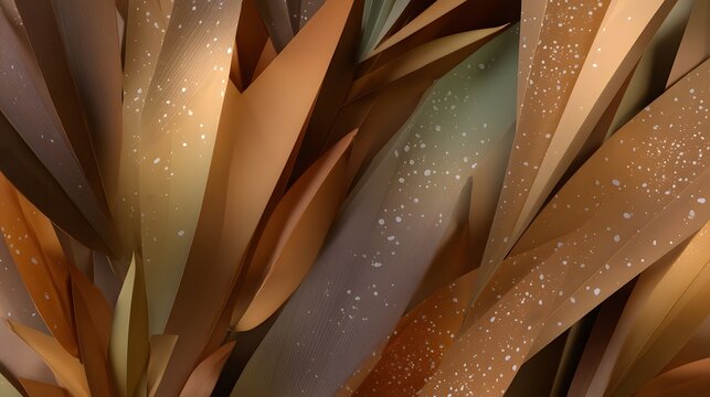 Faceted foliage patterns in Mocha Mousse with creamy undertones, modern minimalism, lightly speckled texture, warm directional lighting, uncluttered open space, vector style, rich saturation