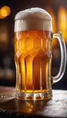 Close-up of a frosty beer mug filled with golden amber beer, condensation on the glass, foam head on top, dramatic bokeh background, cinematic lighting, ultra-realistic, high detail, 8K resolution, vi