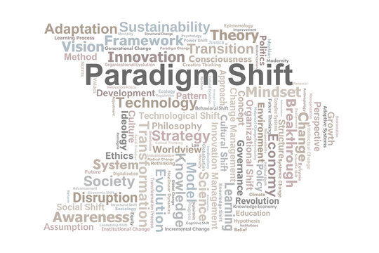 Paradigm Shift Word Cloud. Key Concepts On Transformation, Innovation, Mindset Change, Disruption, Sustainability, And Evolution In Global Knowledge And Society.