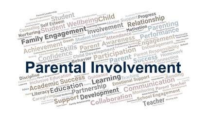 Parental Involvement Word Cloud. Key Concepts On Family Engagement, Child Development, Education, Academic Success, And Collaborative Support Between Parents And Schools.