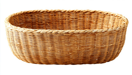 Woven natural fiber basket with thick rope trim isolated on white background