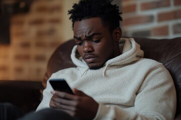 Young African-American man sitting on the sofa at home and looking at his phone, upset after receiving bad news or a message, symbolizing disappointment and emotional reaction, Generative AI
