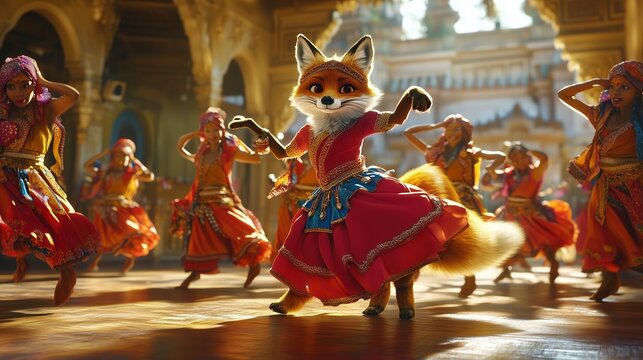 Fox in traditional oriental dress. Fox dancer in costume. A dancer in a studio with passion and creativity. A fox wearing a classic asian lifestyle garment.